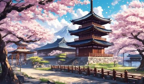 Japanese pagoda with white cherry blossoms