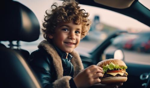 A boy with fluffy hair eating a hamburger while driving a Koni Jesko. View is from the drivers side