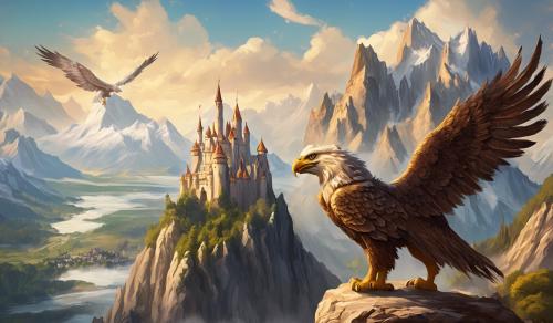 Griffin with castle and big mountains in background 