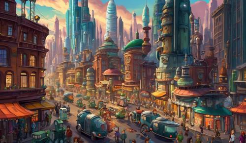 Futurama and its character with the beautiful city center of futurama behind them