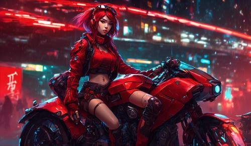 Cyberpunk Anime Girl in Red on a Motorcycle hot