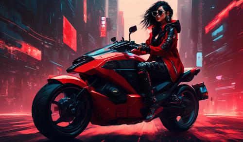 Cyberpunk, Girl in red with black hairs and sunglasses on a motorcycle 