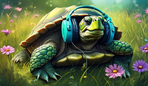 A calm tired turtle chilling in a meadow with headphones on, use mostlycool colors for the design 