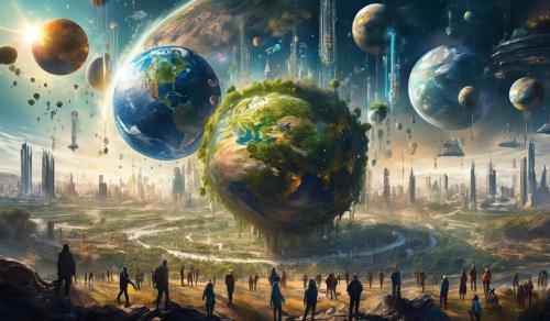 Draw a 4th-dimensional image of Earth's human community in the year 2100.