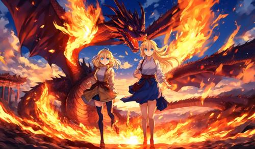 Girl blonde hair,blue eyes, against the background of sunset by fire with a dragon