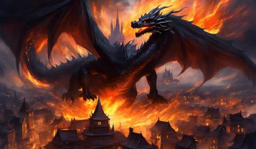 black dragon blazing fire down at a town