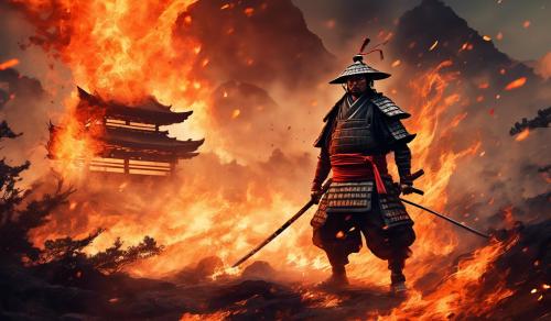 Angry Samurai in the ashes and fire