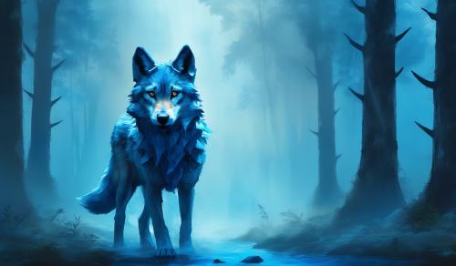 A wolf pup with a blue pendant hanging from his mouth, as he walks through a misty forest.