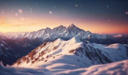 High altitude snow covered mountain range landscape with sunset in background