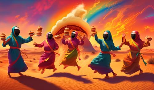 Flaming hotdogs dancing on rainbows with tiny ninja nuns baking cookies in the desert at sunset copied Salvador Dali style