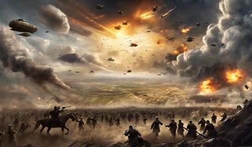 A huge battlefield with a great war going on. The image should depict many scenarios, so that one has to examine the image properly to find them all. In the sky, there should be an epic representation of a deity.