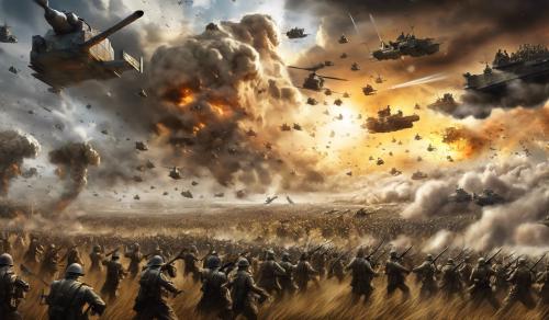 A huge battlefield with a great war going on. The image should depict many scenarios, so that one has to examine the image properly to find them all. In the sky, there should be an epic representation of a deity.