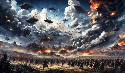 A huge battlefield with a great war going on. The image should depict many scenarios, so that one has to examine the image properly to find them all. In the sky, there should be an epic representation of a deity. Use Dark Style, like White, Black, Grey. 