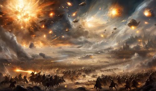 A huge battlefield with a great war going on. The image should depict many scenarios, so that one has to examine the image properly to find them all. In the sky, there should be an epic representation of a deity. Many explosions, debris, and limbs are flying around.