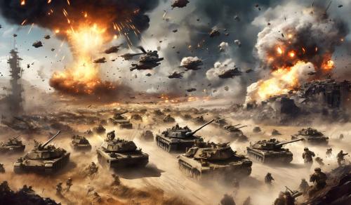 A huge modern battlefield with a great war going on. The image should depict many scenarios, so that one has to examine the image properly to find them all. In the sky, there should be an epic representation of a deity. Many explosions, debris, and limbs are flying around.