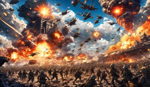 A huge modern battlefield with a great war going on. The image should depict many scenarios, so that one has to examine the image properly to find them all. In the sky, there should be an epic representation of a deity. Many explosions, debris, and limbs are flying around.