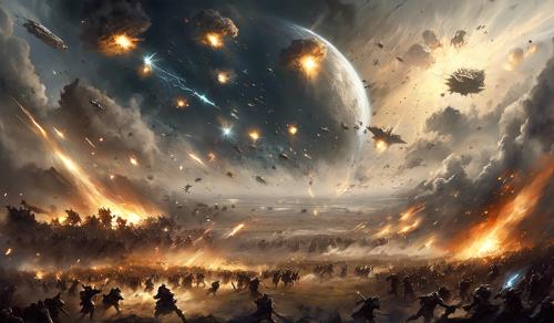 A huge battlefield with a great war going on. The image should depict many scenarios, so that one has to examine the image properly to find them all. In the sky, there should be an epic representation of a deity. Many explosions, debris, and limbs are flying around.