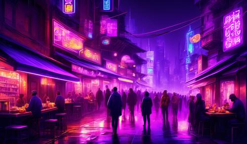 neon purple lighting, illuminated city, streets, food venues