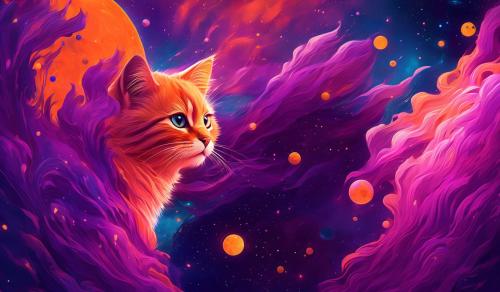 gatito naranja con fondo espacial en colores morado, rosa, celeste