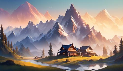 Mountains and house in early morning 