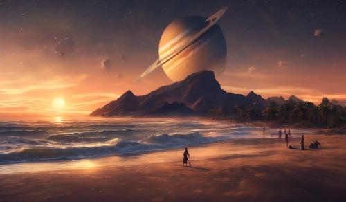 Un atardecer en una playa de saturno