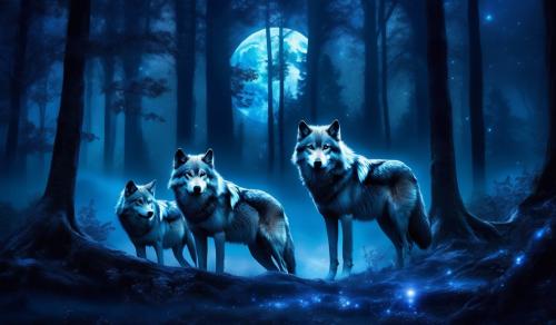 Wolves in the moonlight in a dark forest