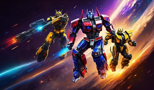 Optimus prime and bumblebee racing on space into the wormhole