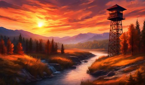 A fire tower with a sunset in the background and river running by 