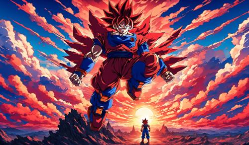 Create mecha red and blue goku with sunset clouds background 