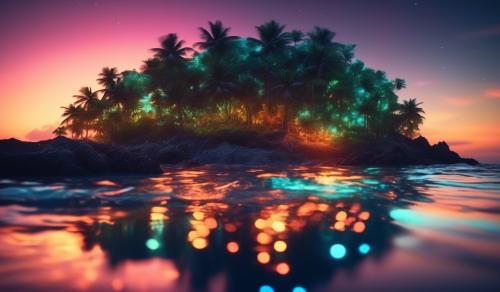 Island sunset with bioluminescent colors