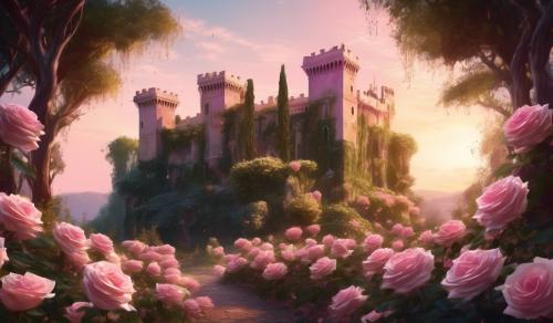 An European castle in Rome.It is covered in plants full of pink and white roses.In a serene forest scene at sunset