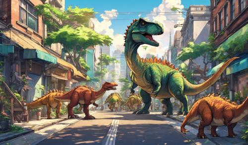 Dinosaurs on a street in the afternoon