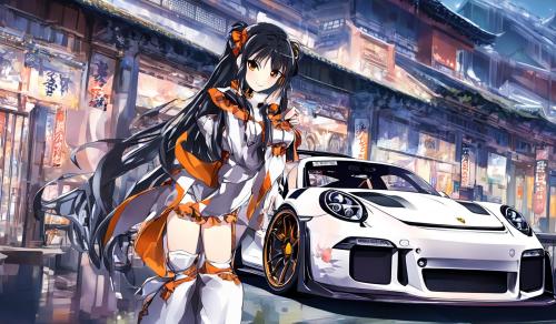 utahime del anime de jujukaisen sentada en un Porsche gt 3 rs