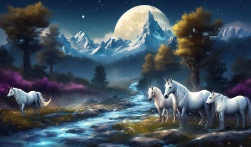 Unicorns, mountain stream, moon