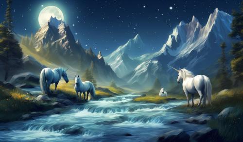 Unicorns, mountain stream, moon