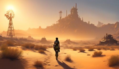 Fallout 4 female protagonist walking in the desert during sunrise.