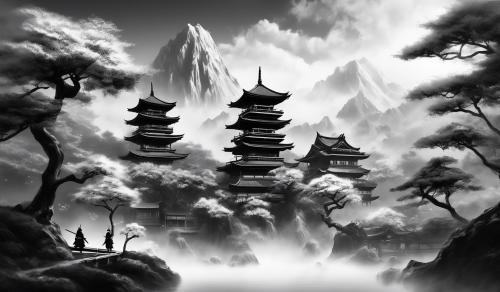 Black and white samurai , trees and Japanese buildingsMake the background moving\ live 