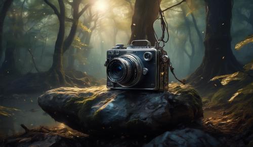 Show a lost camera sitting on a rock in the middle of a forest and some Blair witch symbols hanging from some tree branches