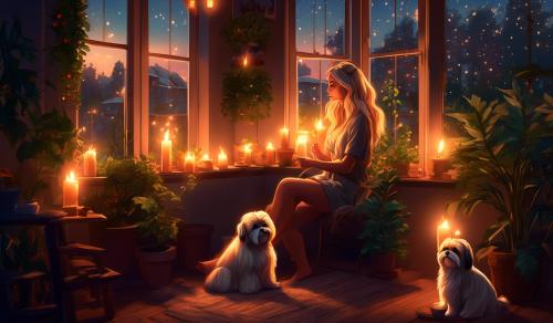 A cozy room with fairylights, candles and a lot of greenery where a darkblonde longhaired woman is sitting in the window with her blonde shi tzu in her lap smoking a cigarette during sunset in cartoonstyle