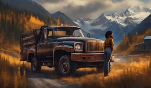 beautiful Black woman leaning on truck in alaska