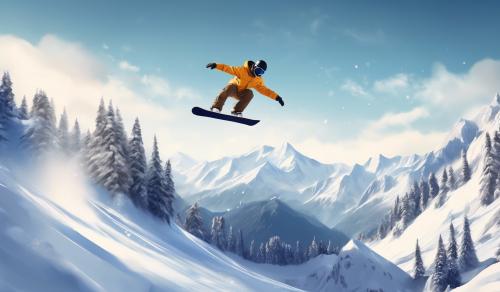 Snowboarding backflip with scenic mountain background