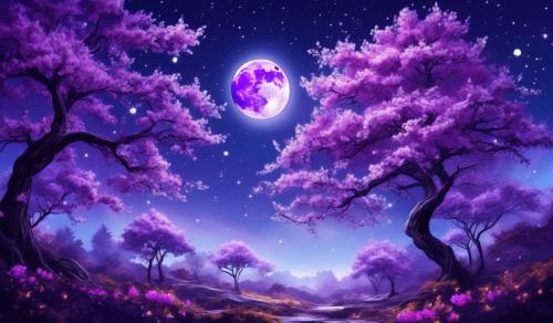 THC leafs with a shiny purple moon and beautiful blossom trees