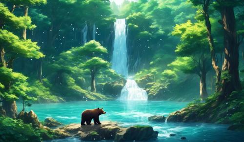 a waterfall with a bear in the river and the background is forest