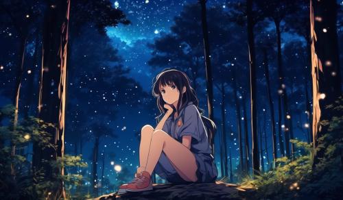 Beautiful girl sitting in silence in a forest at night and relaxing under the stars