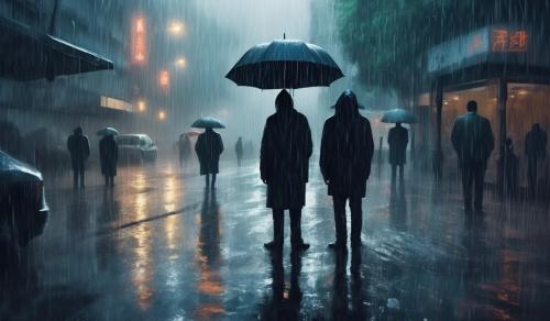 sad guys standing alone in heavy rain