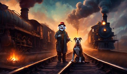 a hobo sad clown standing around with his pitbull on  a set of train tracks at sundownwith hawks in the sky and a steam engine in background with a campfire smoking a cigar 