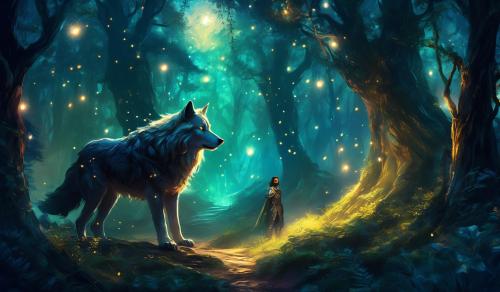 Enchanted Magical Firefly Forest , Magical woods, where Knight Artoias and his wolf walk with a warrior werewolf is staring on the beautiful scenery. 