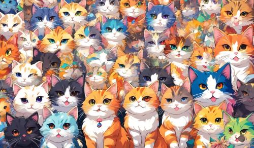 A bunch of cat of different colors