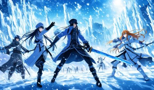 Esdeath and tatsumi sword fighting vs kirito and asuna in a ice environment 