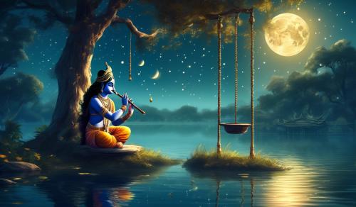 lord krishna sitting on a swing near the lake with moon in background and playing flute peacefully